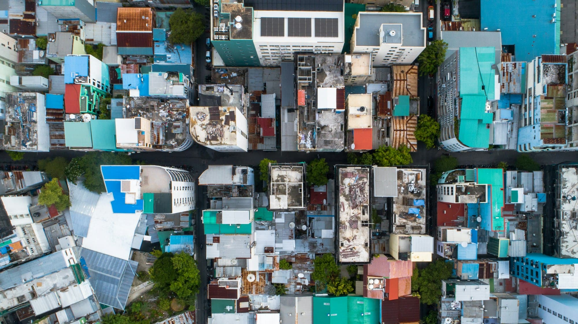Closely packed buildings in Malé seen from above
