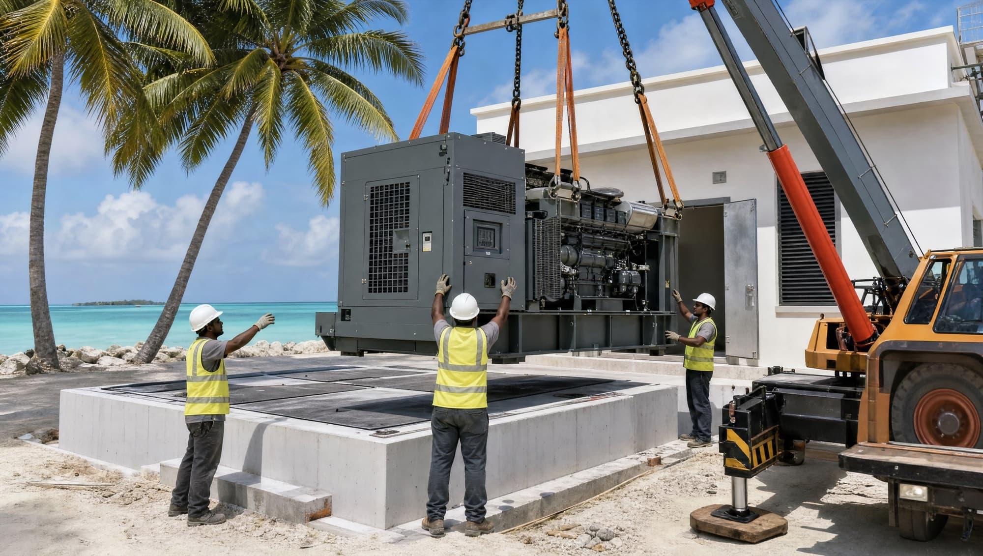 Technicians guiding a generator as a crane lowers it onto its foundation beside a lagoon