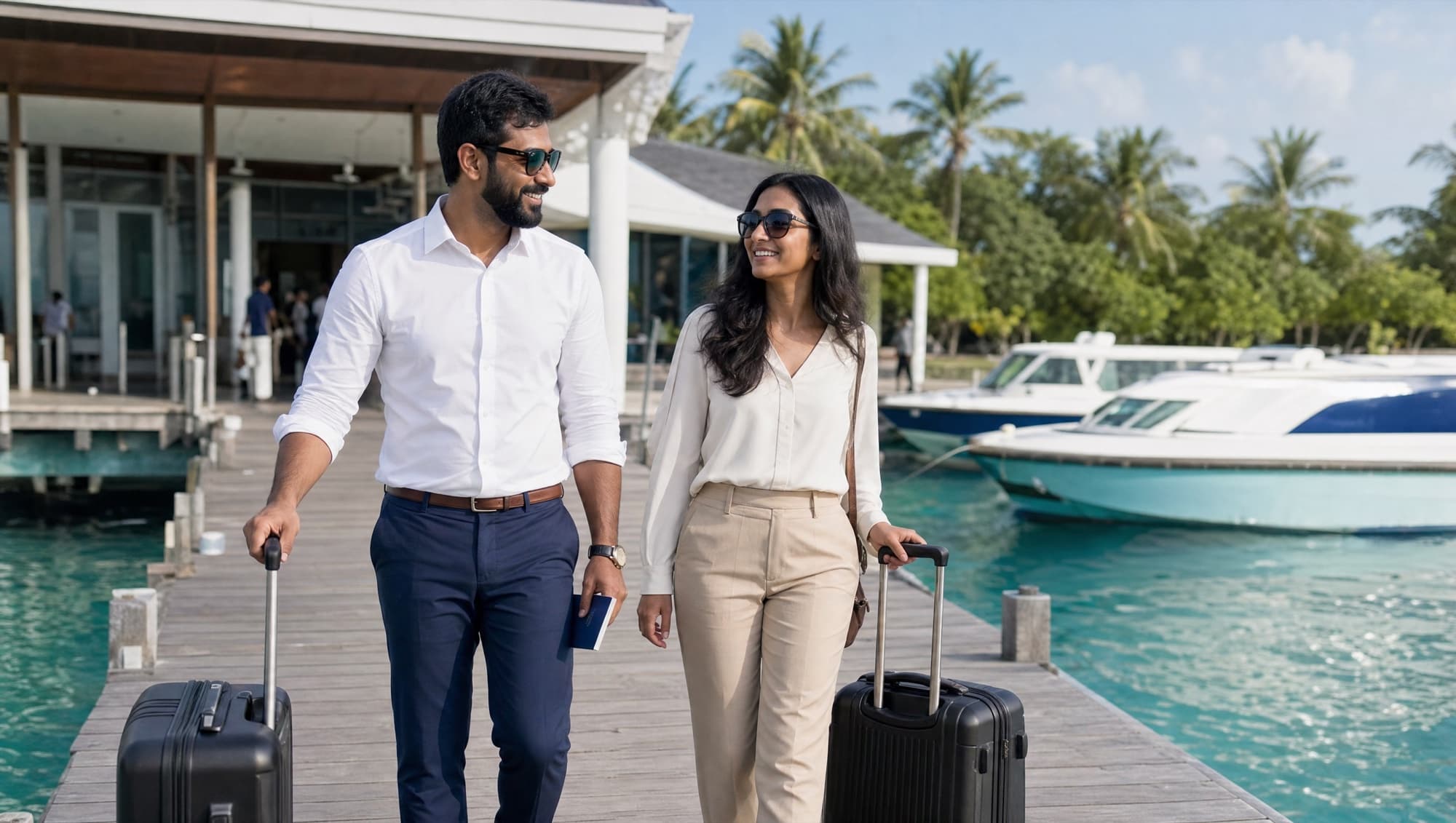 Two business travellers with suitcases walking along a jetty outside an arrivals terminal