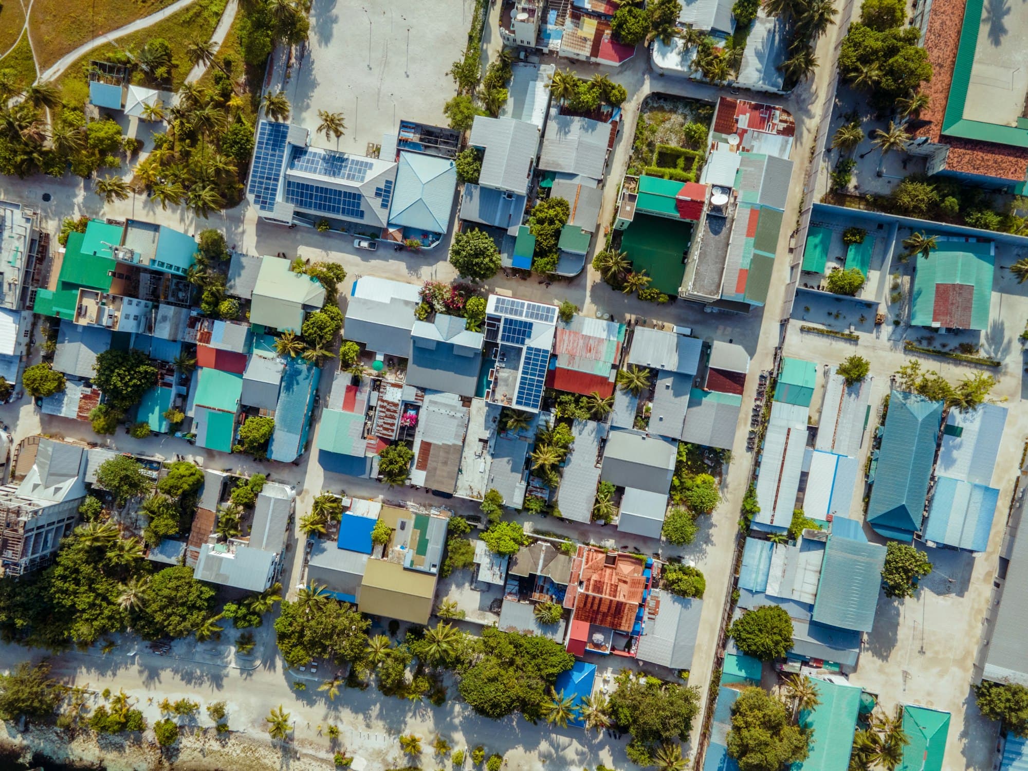 Rooftops of an island village seen from above